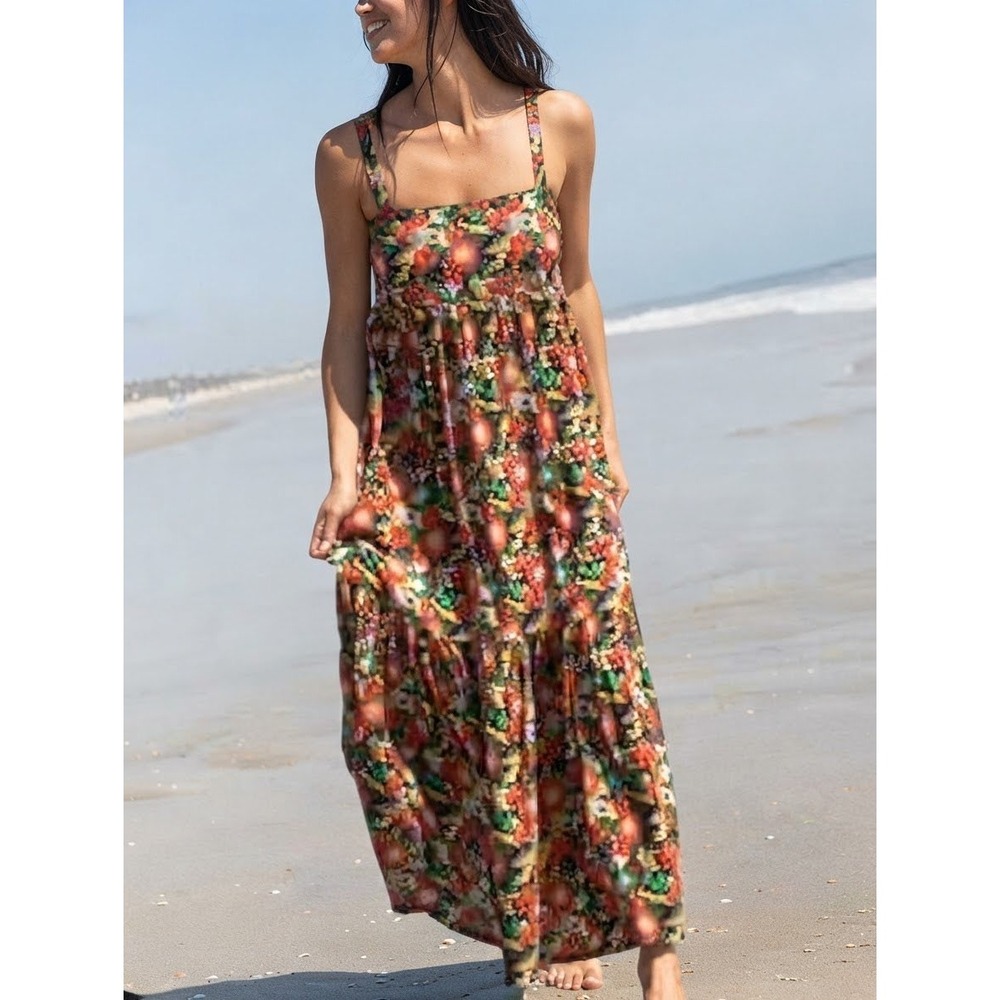 Natural Life Floral Print Maxi Dress Size L 100% Rayon Bohemian Long Sundress